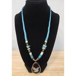 Vintage Turquoise  Bead Necklace With Tone Eagle Amd Turquoise Pendant